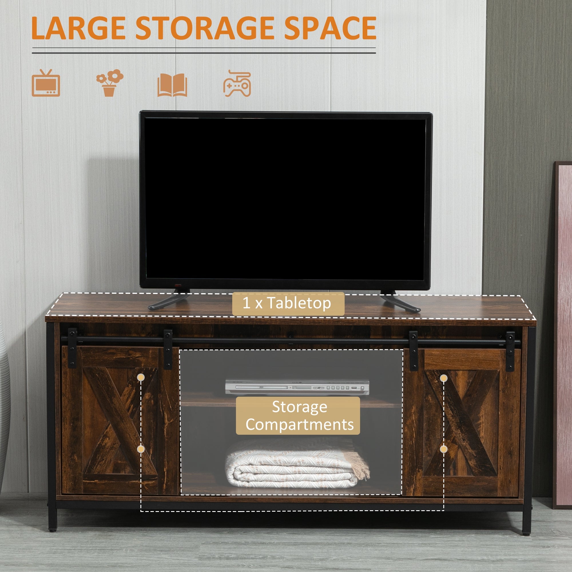 HOMCOM Industrial TV Stand: 60" TV Console, Sliding Barn Doors, Storage, Freestanding Entertainment Unit, Brown