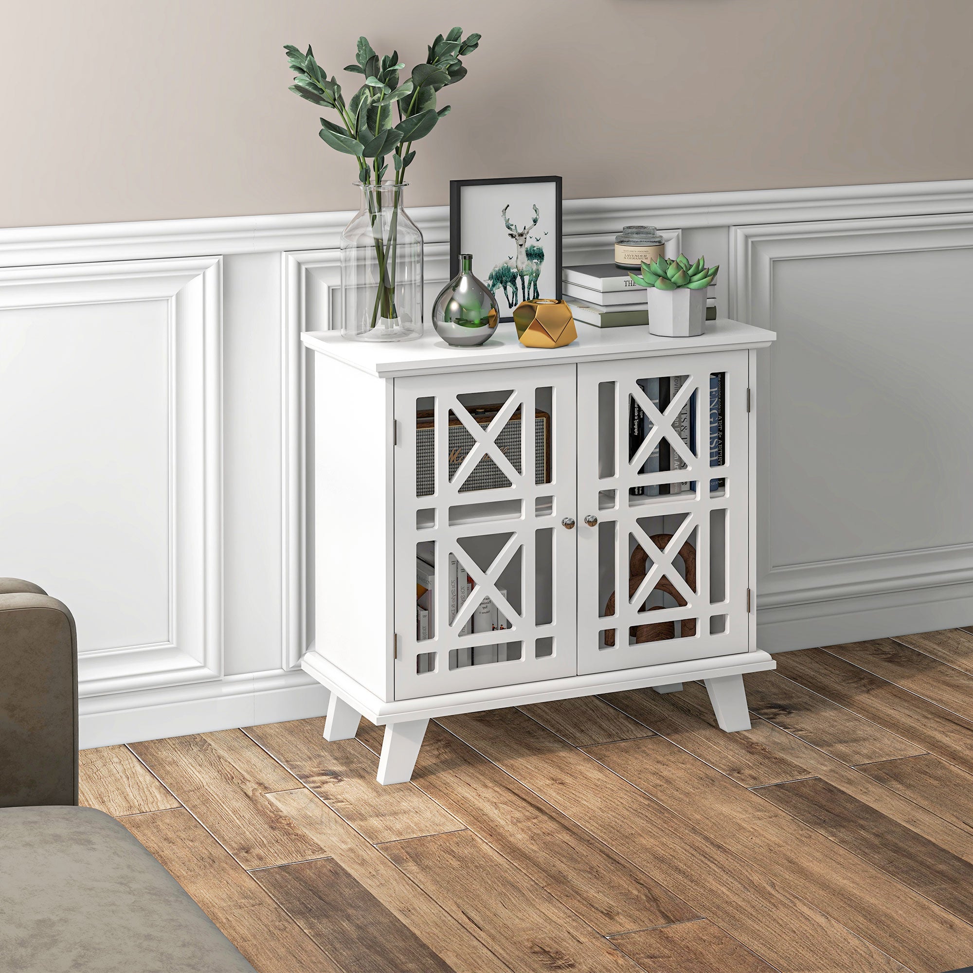 HOMCOM Modern Storage Cabinet with Fretwork Doors Shelf White Freestanding Sideboard Buffet for Contemporary Dining Living Room
