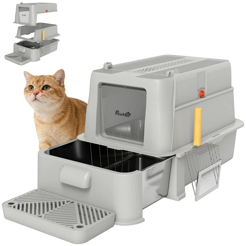80L XL Stainless Steel Cat Litter Box for Big Cats with Flip Cover, Pull-Out Drawer Tray, High Sided, Pedal, Light Grey