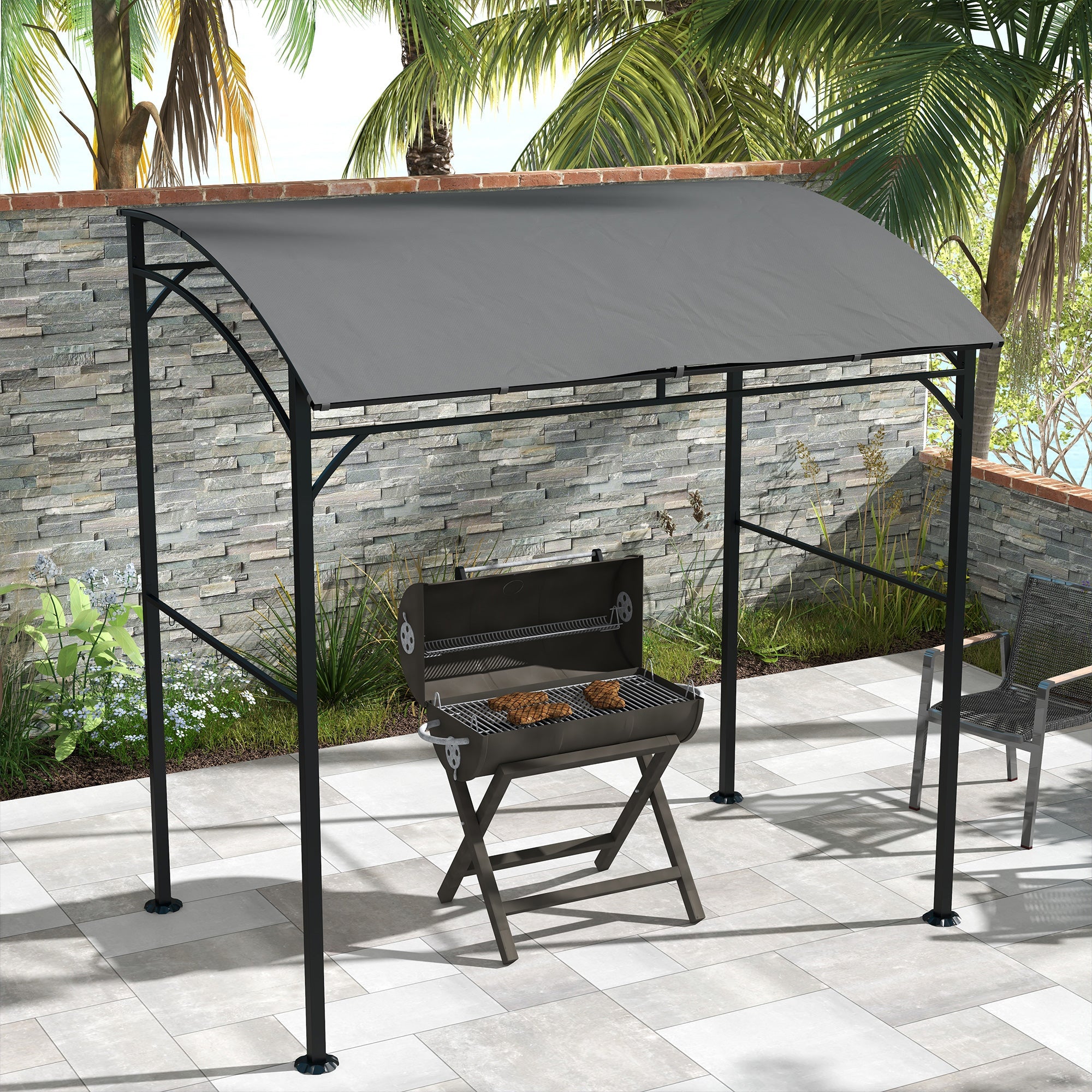 Outsunny BBQ Grill Gazebo 7x5 ft Steel Frame Garden Canopy Tent Charcoal Grey with Hooks Outdoor Sun Shade