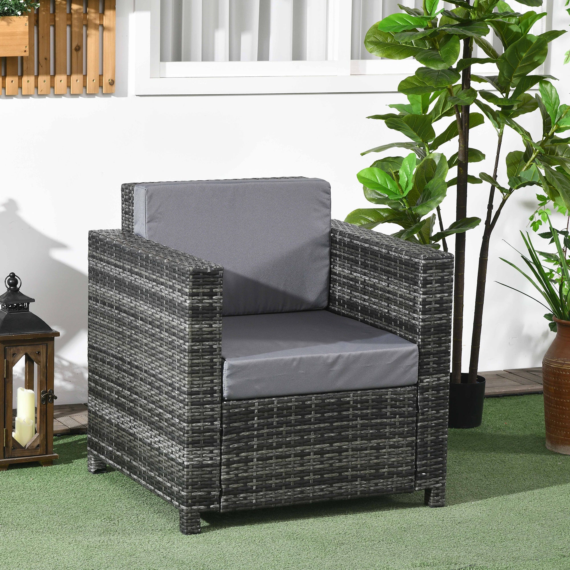 Outsunny Outdoor Rattan Sofa, Patio Wicker Armchair with Cushions for Garden, Balcony, Porch, Grey