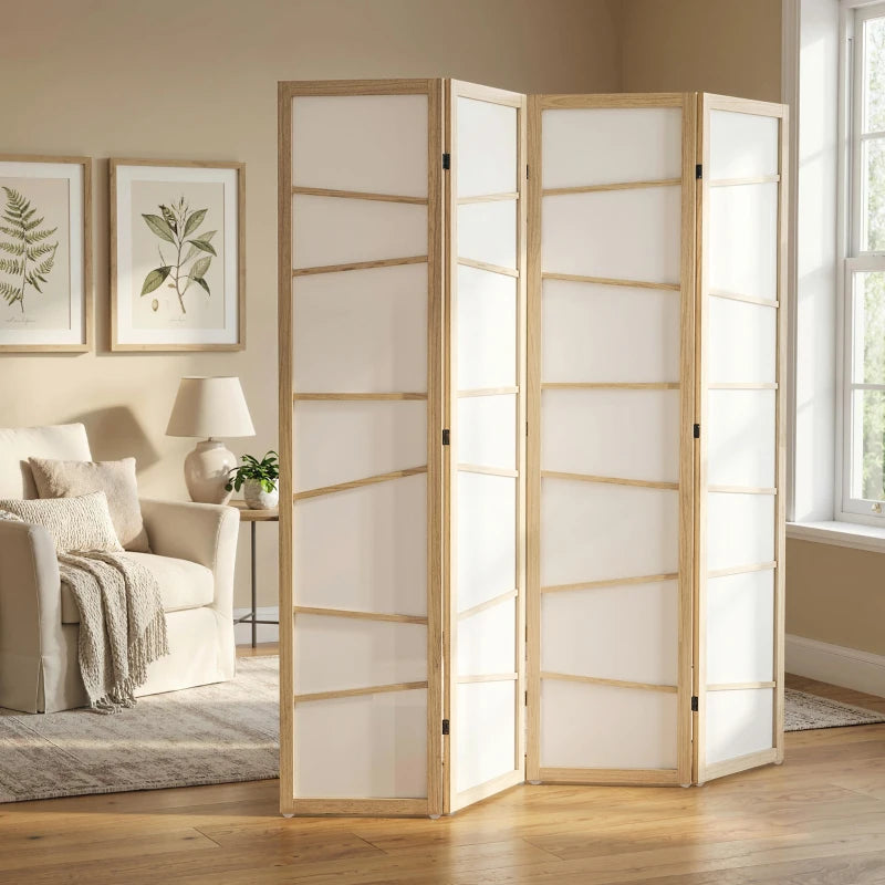 66.9" Folding Room Divider, 4 Panel Wall Partition with Wood Frame for Bedroom, Home Office, Natural Wood