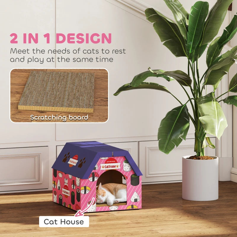 Cat Scratcher House, 2-in-1 Cardboard Cat Scratching Pad with Door, 4 Paw-Shaped Vents and Grass for Indoor, Pink