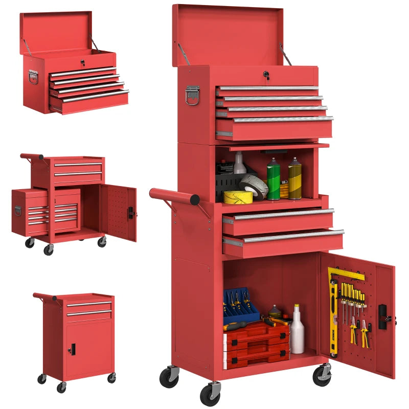 Large Tool Cabinet, 3-in-1 Rolling Tool Chest, Detachable Tool Storage Organizer with 6 Drawers and Pegboard, Red