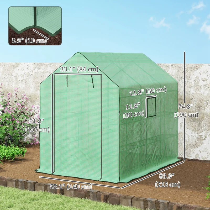 Walk-in Greenhouse with 3 Tier, Garden Plant Growhouse with Roll-up Door and Mesh Windows, 140 x 213 x 190 cm, Green