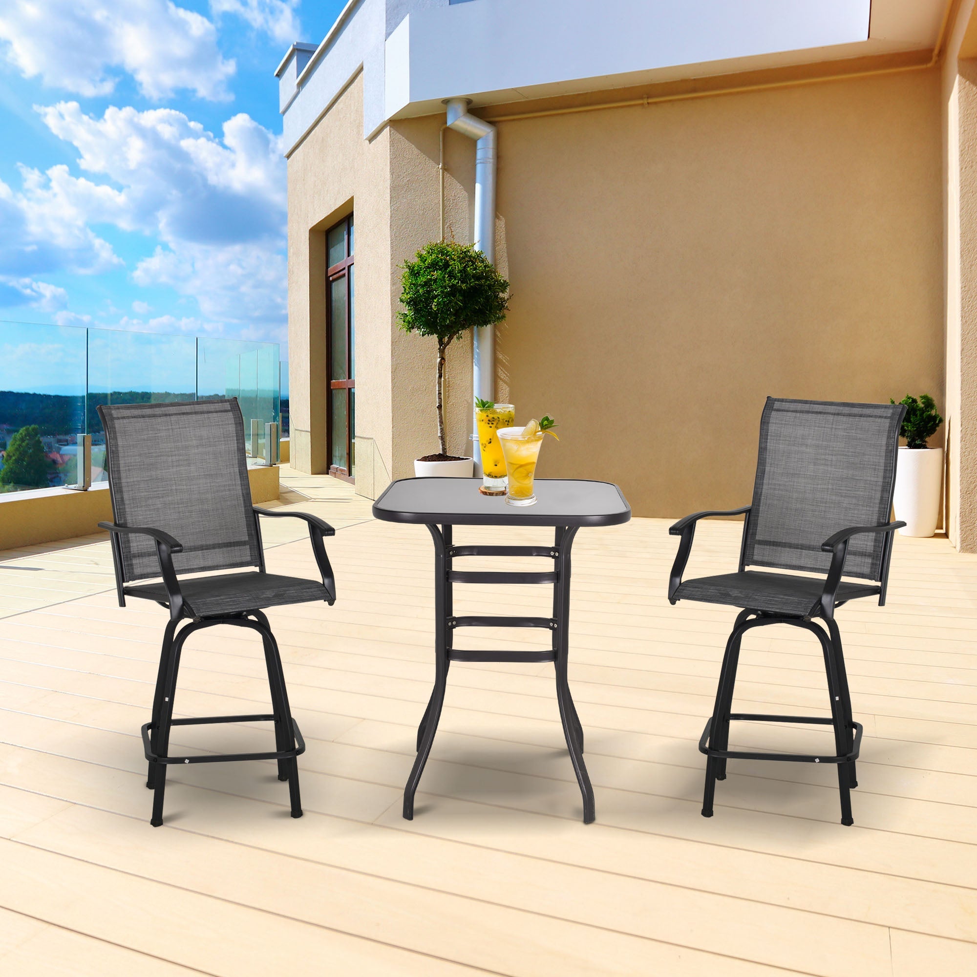 Outsunny 3 Piece Outdoor Patio Bar Set 2 Swivel Stool and 1 Bistro Table All-Weather Metal Frame for Balcony Backyard Deck Grey