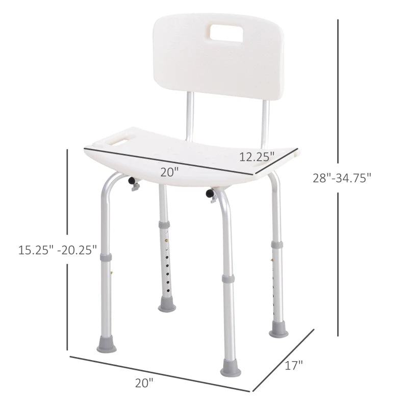 Bath Chair with Back, Adjustable Height Non-slip Shower Stool Bench Tool-Free Assembly Bathroom Aids, White