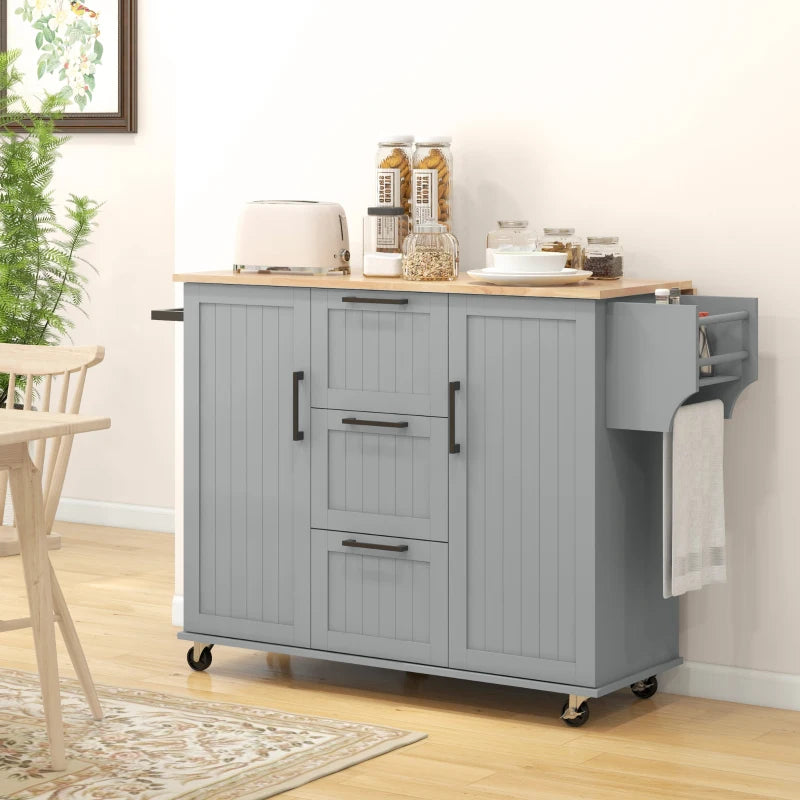 Rolling Kitchen Cart on Wheels with Drop Leaf, Kitchen Island with 3 Drawers, Solid Wood Top and Towel Rack, Grey