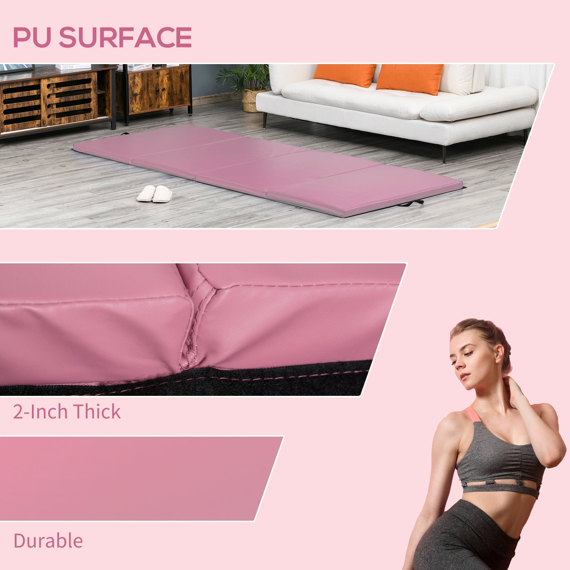 Soozier Tri-Fold Gymnastics Mat 4'x8' Exercise Mat for MMA Martial Arts Stretching with Handles Pink