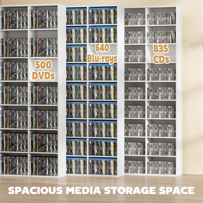 Media Storage Cabinet, 9-Tier DVD Shelf with 21 Adjustable Shelves, Holds 835 CDs, 500 DVDs or 640 Blu-rays, White