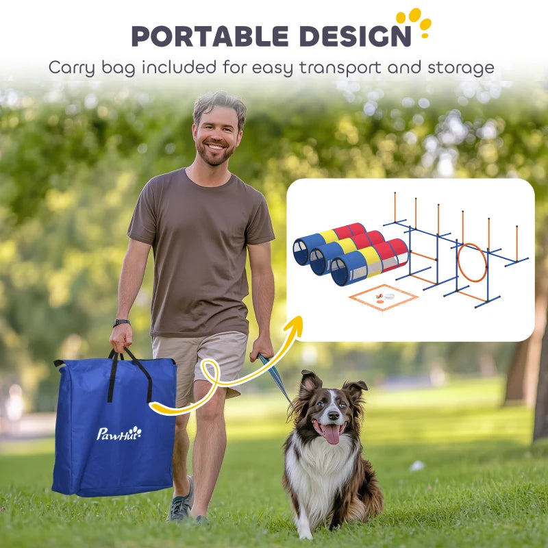 Dog Agility Training Equipment, 11-Piece Dog Obstacle Course with Adjustable Hurdle & Ring, 3 Tunnels, Weave Poles