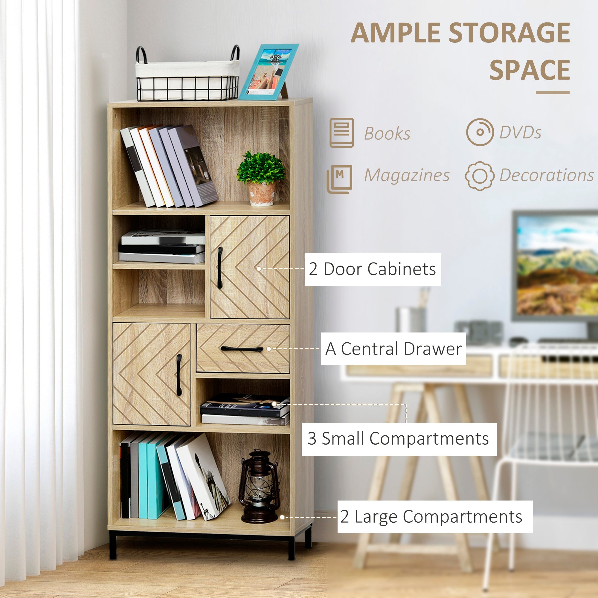 HOMCOM Wooden Elegance: 59" Freestanding Bookcase with Cabinets, Drawer, Open Shelves, Display Shelf for Home Office Organizer