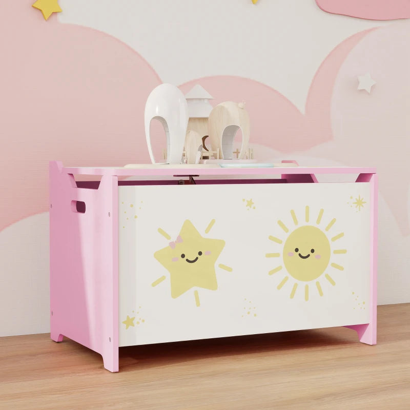 Qaba Toy Chest, Kids Storage Chest with Lid, Safety Hinges and Groove Handles for Boys, Girls, Pink