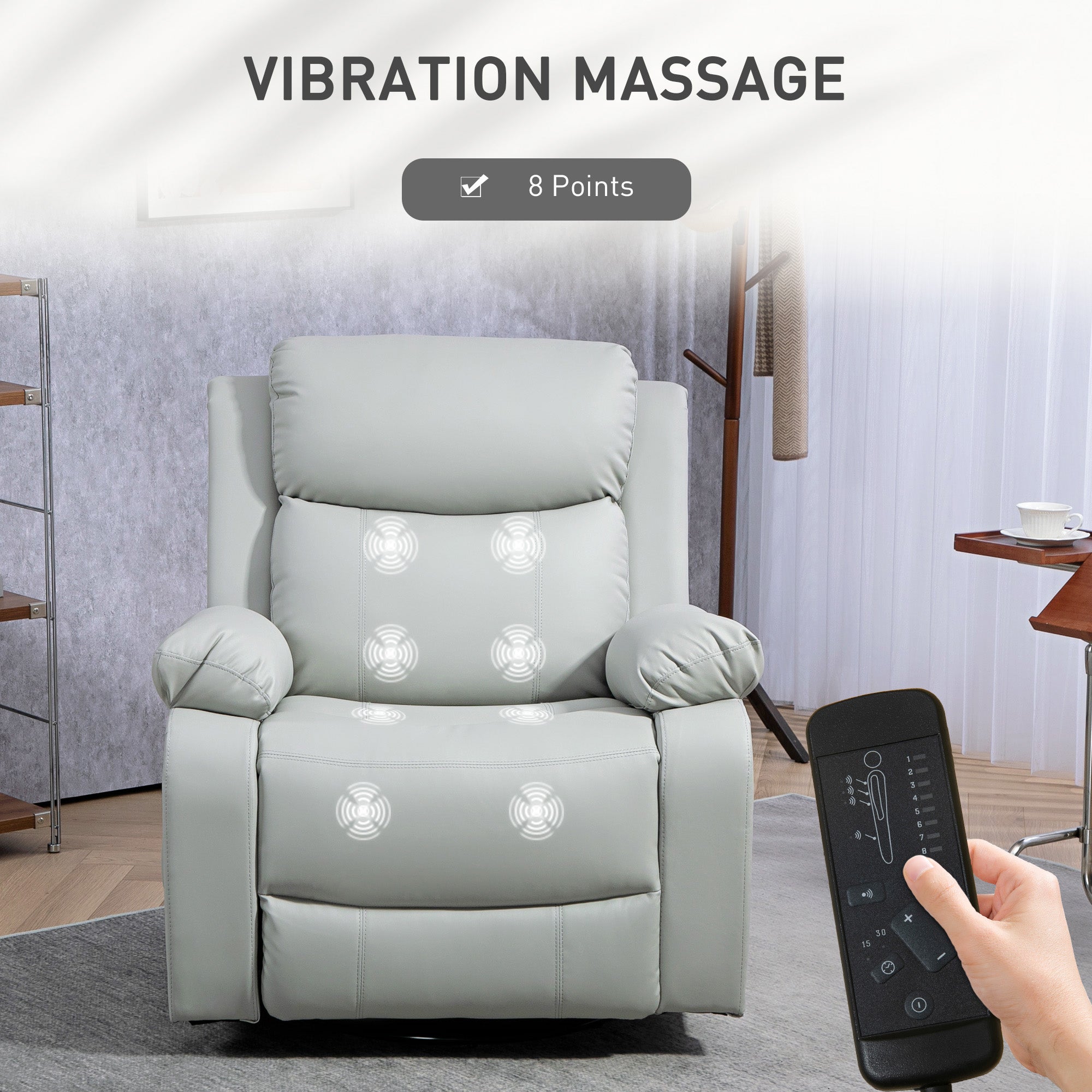 HOMCOM PU Leather Reclining Chair with Vibration Massage Rocker, Swivel Base, Rocking Function, Remote Control, Light Grey