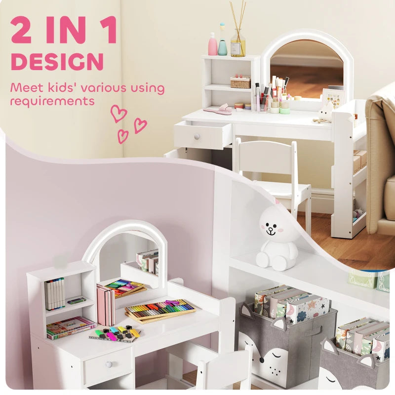 Qaba Kids Vanity Set, Toddler Dressing Table and Chair Set with Lighted Mirror, Cabinet, Drawer and Shelves, White