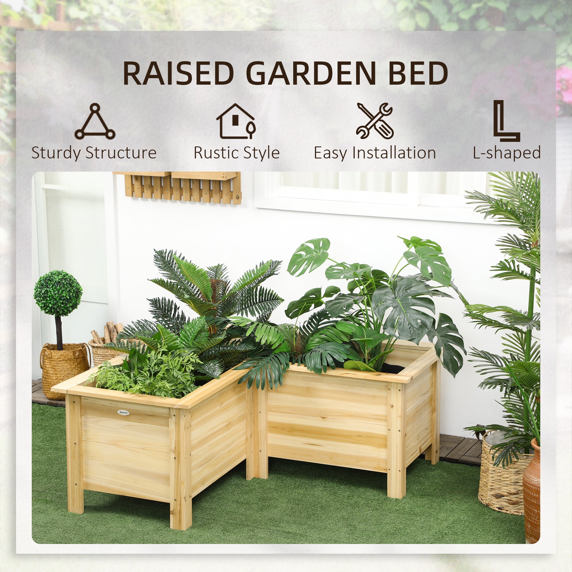 Outsunny Raised Flower Bed, Wooden Elevated Garden Planter with Legs for Backyard Flowers, L-shaped, Natural
