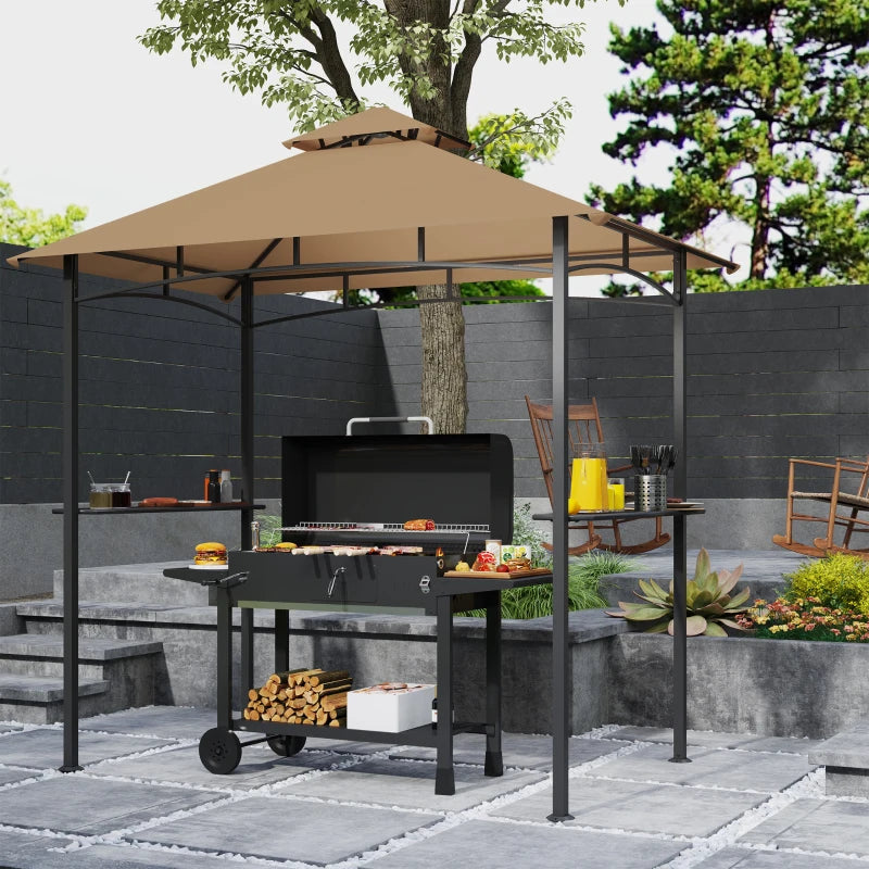 8' x 5' BBQ Grill Gazebo Tent with Double Tiered Canopy for Outdoor Sun Shade, Khaki