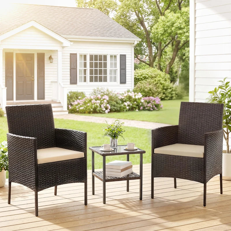 Wicker Bistro Set, 3 Piece Patio Furniture Set with 2-Tier Glass Top Table, Cushions for Balcony, Porch, Khaki