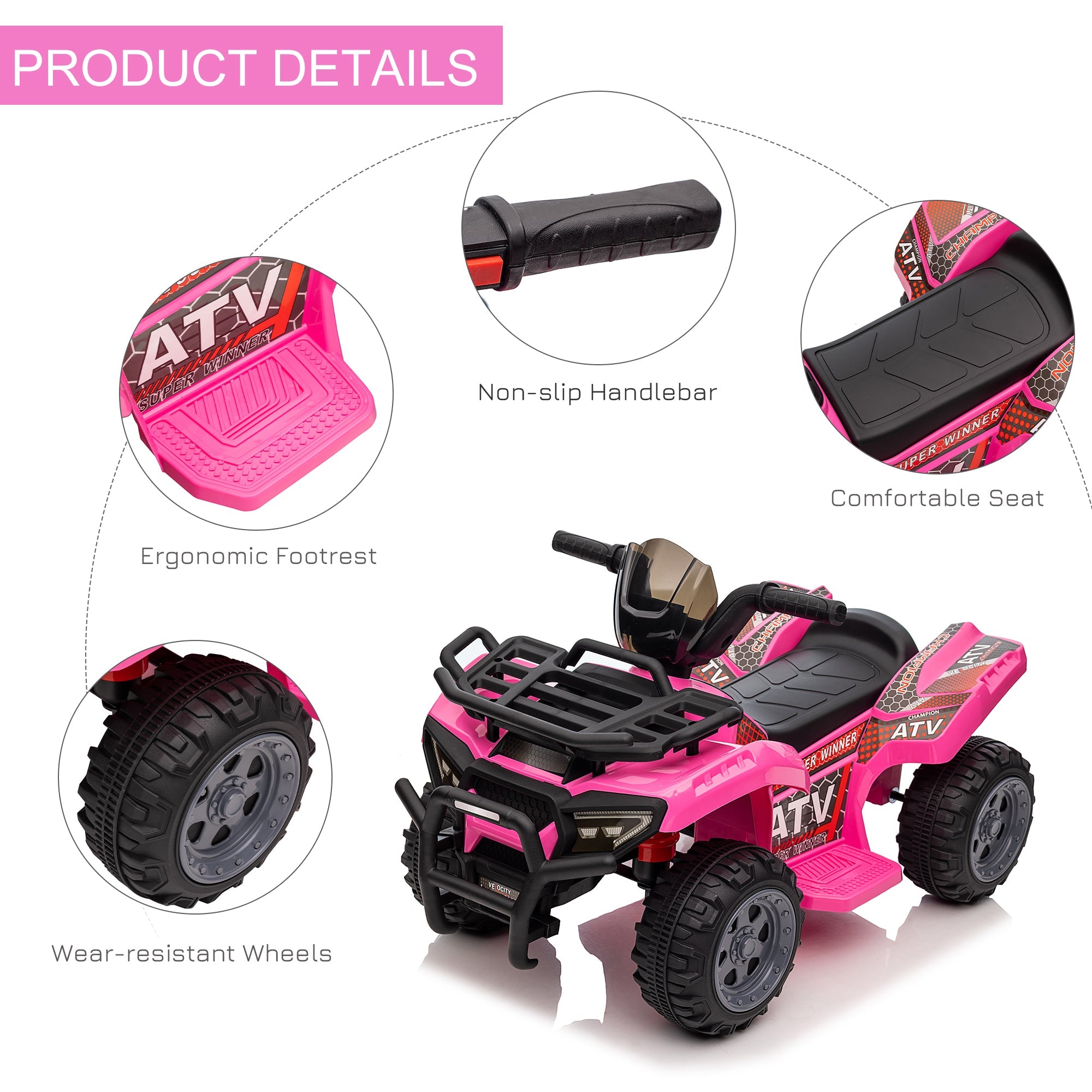 Aosom Ride-On ATV: 6V Battery Powered, Four Wheeler, Headlights, 18-36 Months, Pink, Toddler Quad
