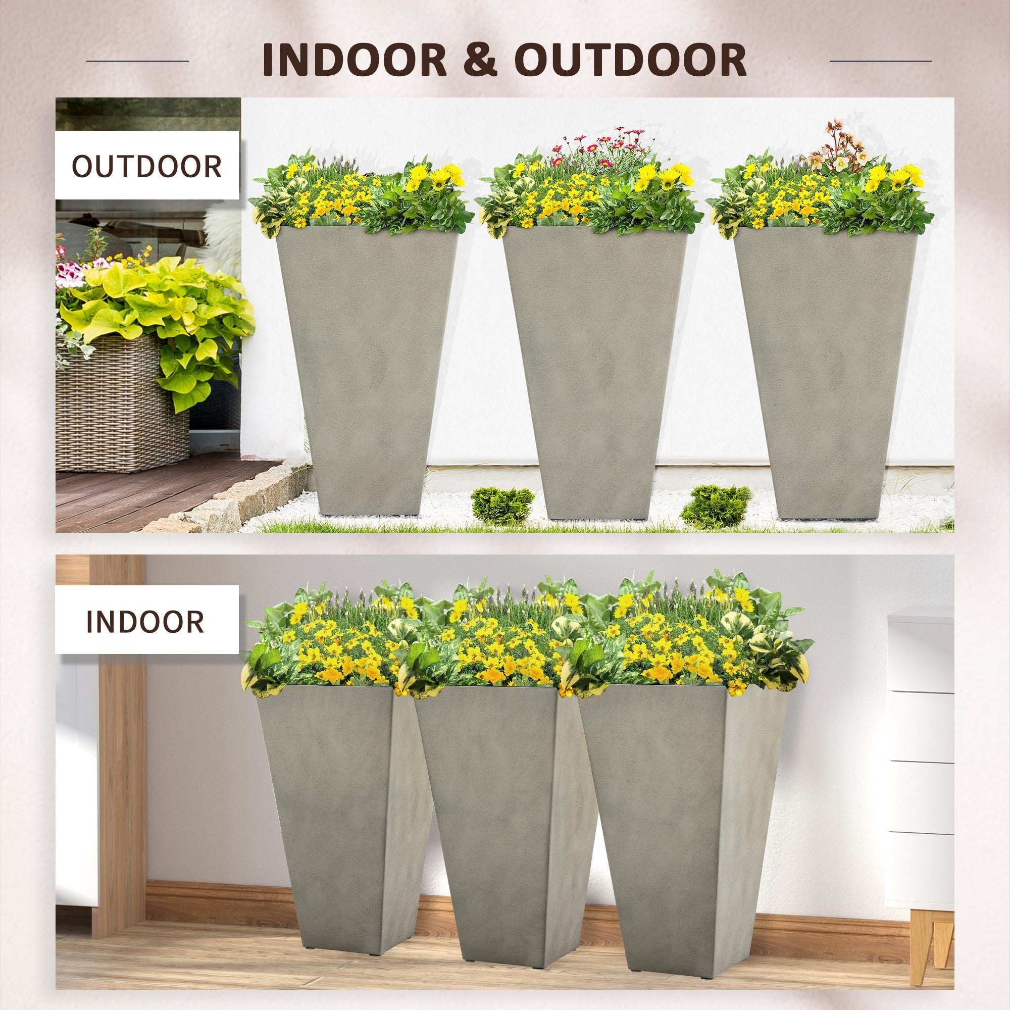 Outsunny 28" Tall Garden Plastic Planters, Outdoor and Indoor Flower Pots, Set of 3 for Entryway, Patio, Yard, Mixed Grey