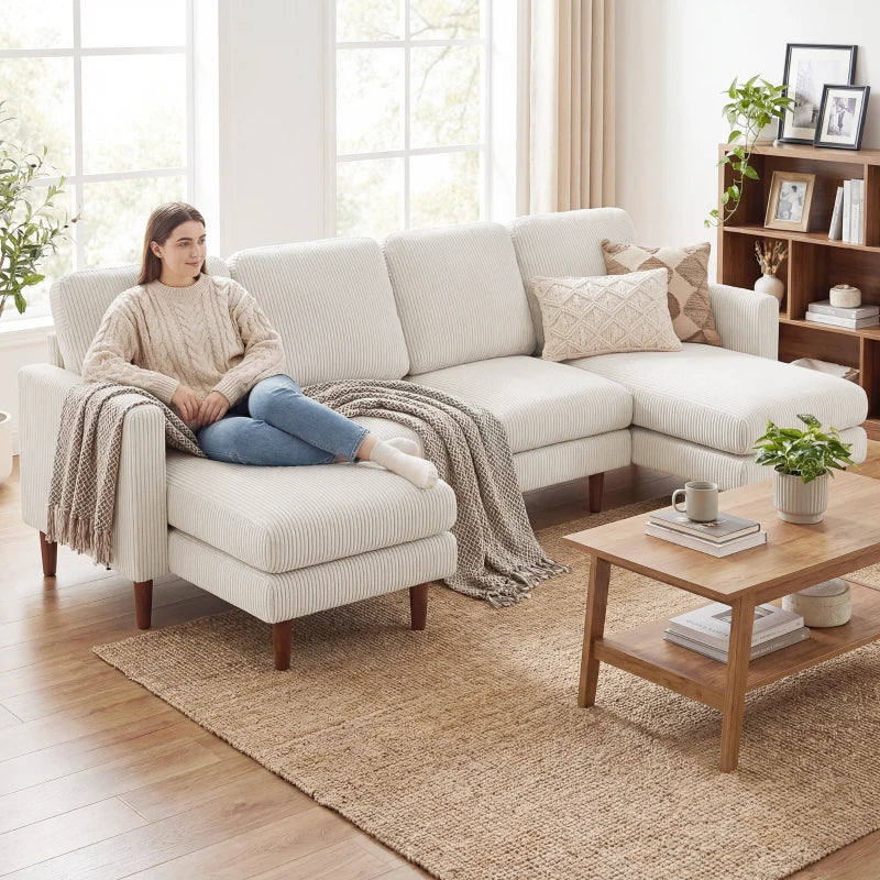 🛋️ U-Shaped Corduroy Sectional Sofa – Double Chaise (Beige)