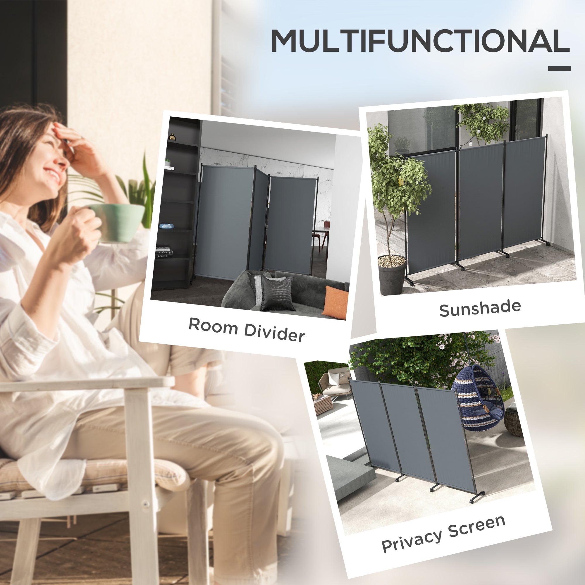 Outsunny 6FT Tall Folding Room Divider on Wheels, Rolling Privacy Screen for Outdoor Patio, Pool, Hot Tub