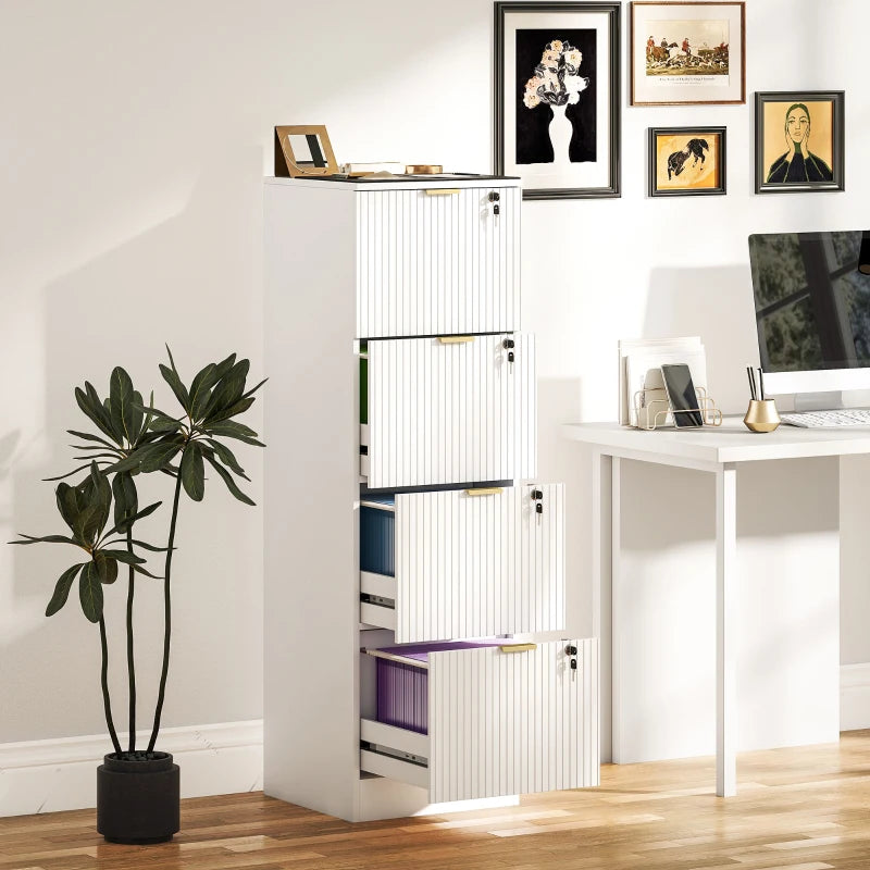 Lockable Filing Cabinet with 4 Fluted Drawers, File Cabinet with Adjustable Hanging Rails for A4 Letter Files, White