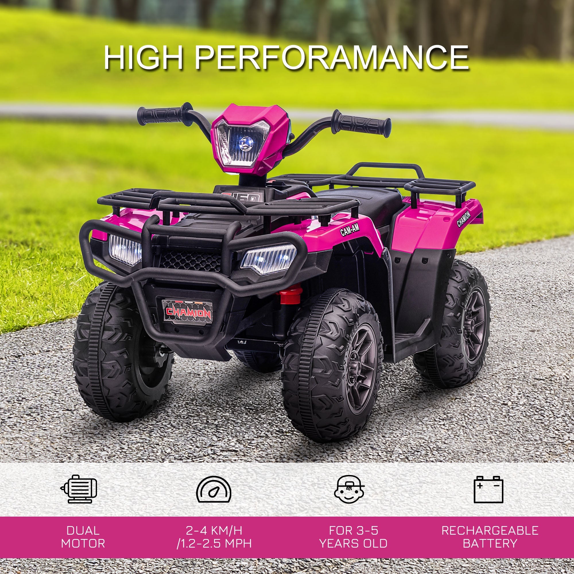 Aosom Kids ATV: 12V, 4 Wheeler Quad, Battery Powered, Music, LED Lights, Treaded Tires, 3-5 Years, Pink