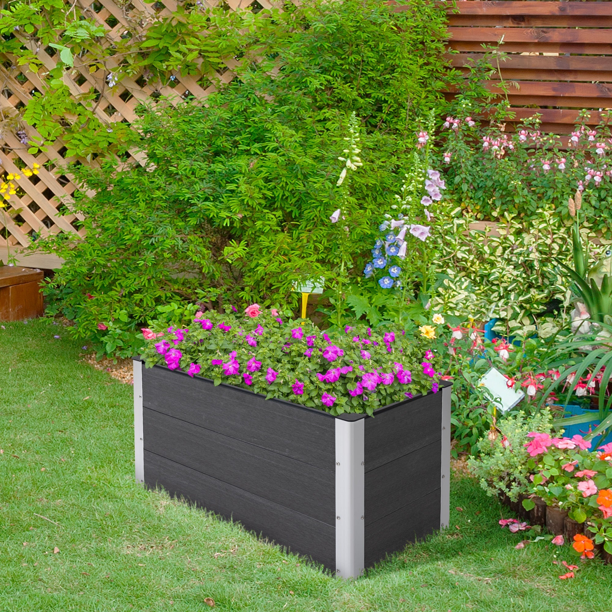 Outsunny 3'x2'x2' Raised Wood/Plastic Planter: Garden Bed for Flowers, Veggies & Herbs in Grey
