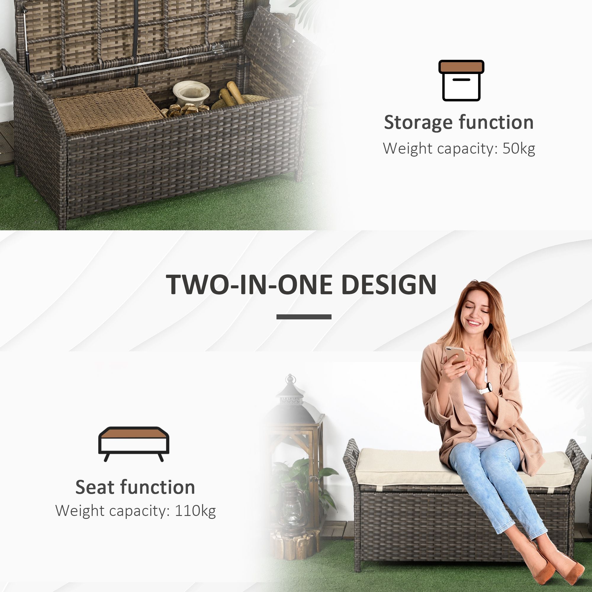 Outsunny 2-In-1 Outdoor PE Rattan Storage Bench, 27 Gallon Patio Wicker Furniture, Basket Box with Handles and Cushion Cream