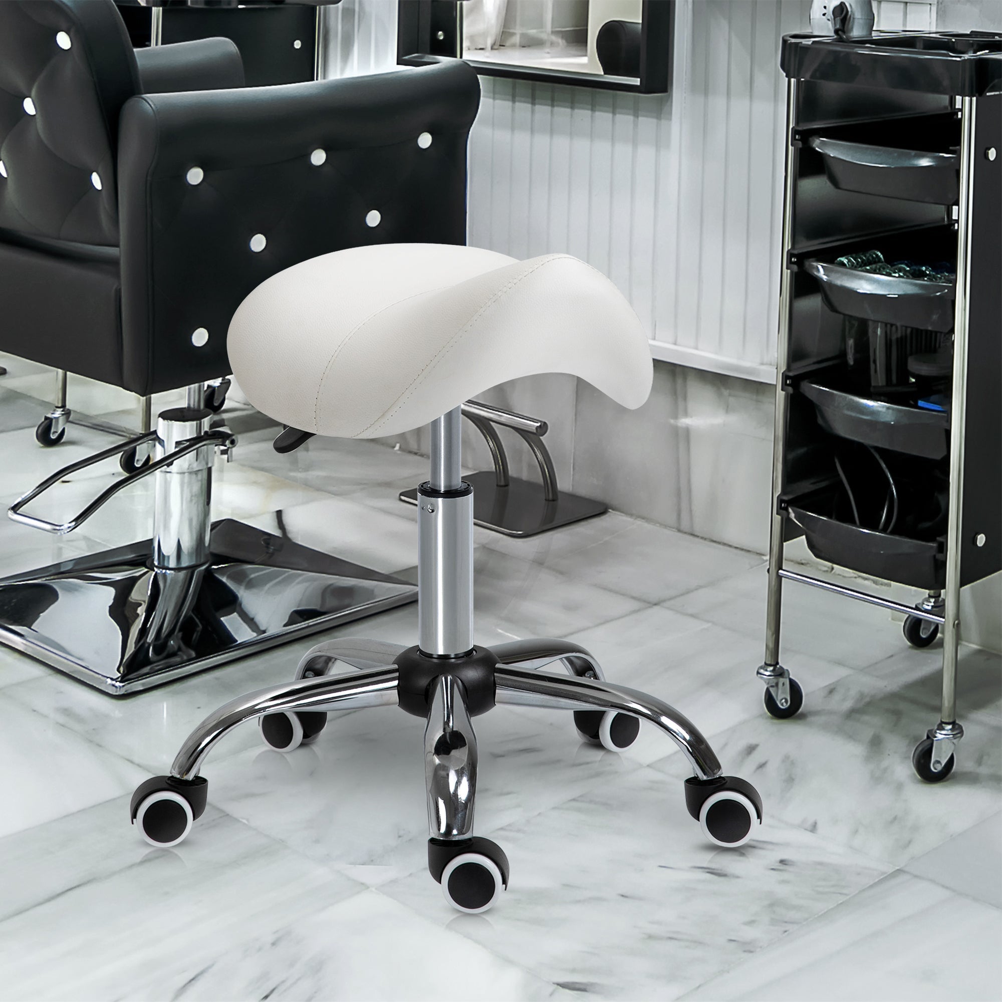 HOMCOM Cream White Rolling Salon Stool: Adjustable Hydraulic Swivel Saddle Chair, PU Leather Spa Beauty Seat