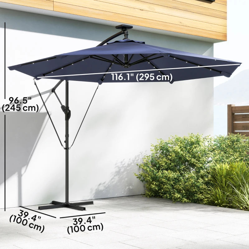 9.7ft Solar LED Cantilever Patio Umbrella with 32 LED Lights, Cross Base, Crank Handle, for Poolside, Deck, Dark Blue