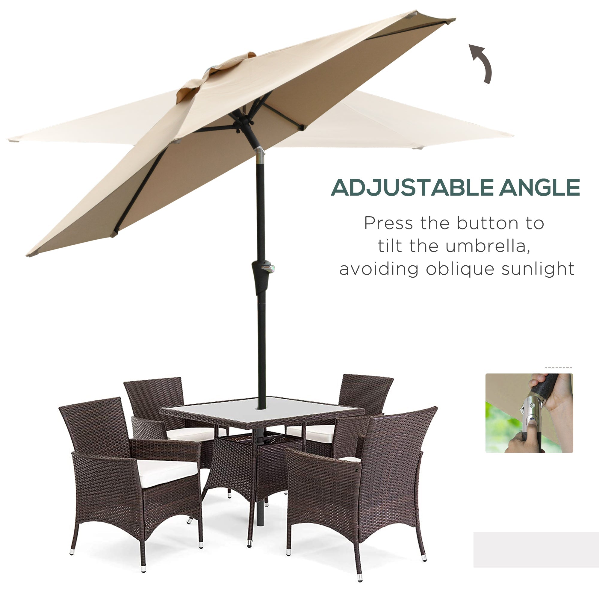 Outsunny Patio Sun Umbrella, Outdoor Parasol with 6 Ribs, Khaki