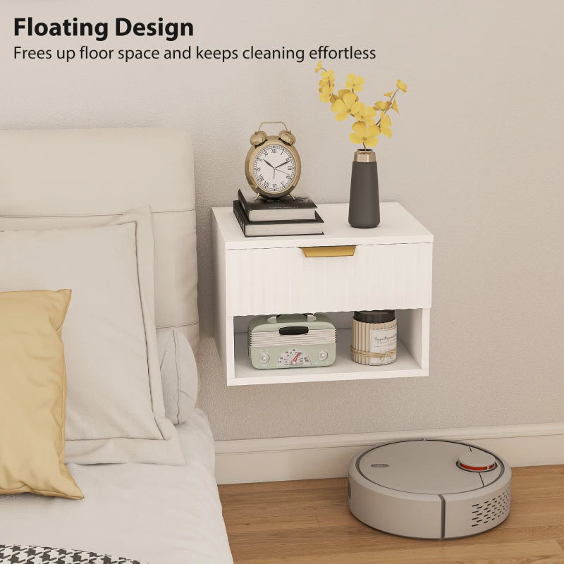 Floating Nightstands, Wall Mounted Bedside Tables Set of 2 with Drawer and Open Shelf, White
