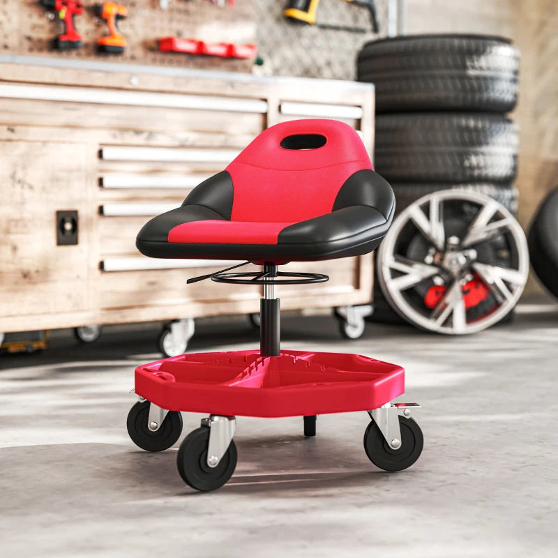 Rolling Garage Stool, 300 LBS Capacity Mechanic Stool with 5" Wheels, Tool Tray Storage, Adjustable Height, Red