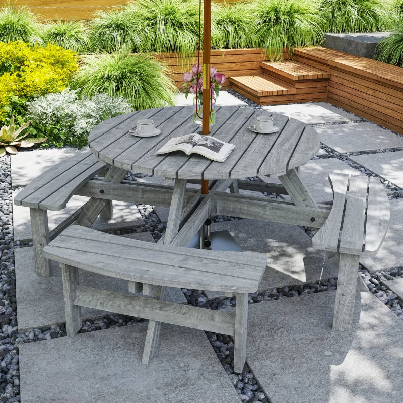 8 Seater Round Wooden Pub Bench & Picnic Table, Patio Dining Set for Outdoor Patio (Umbrella Not Included)