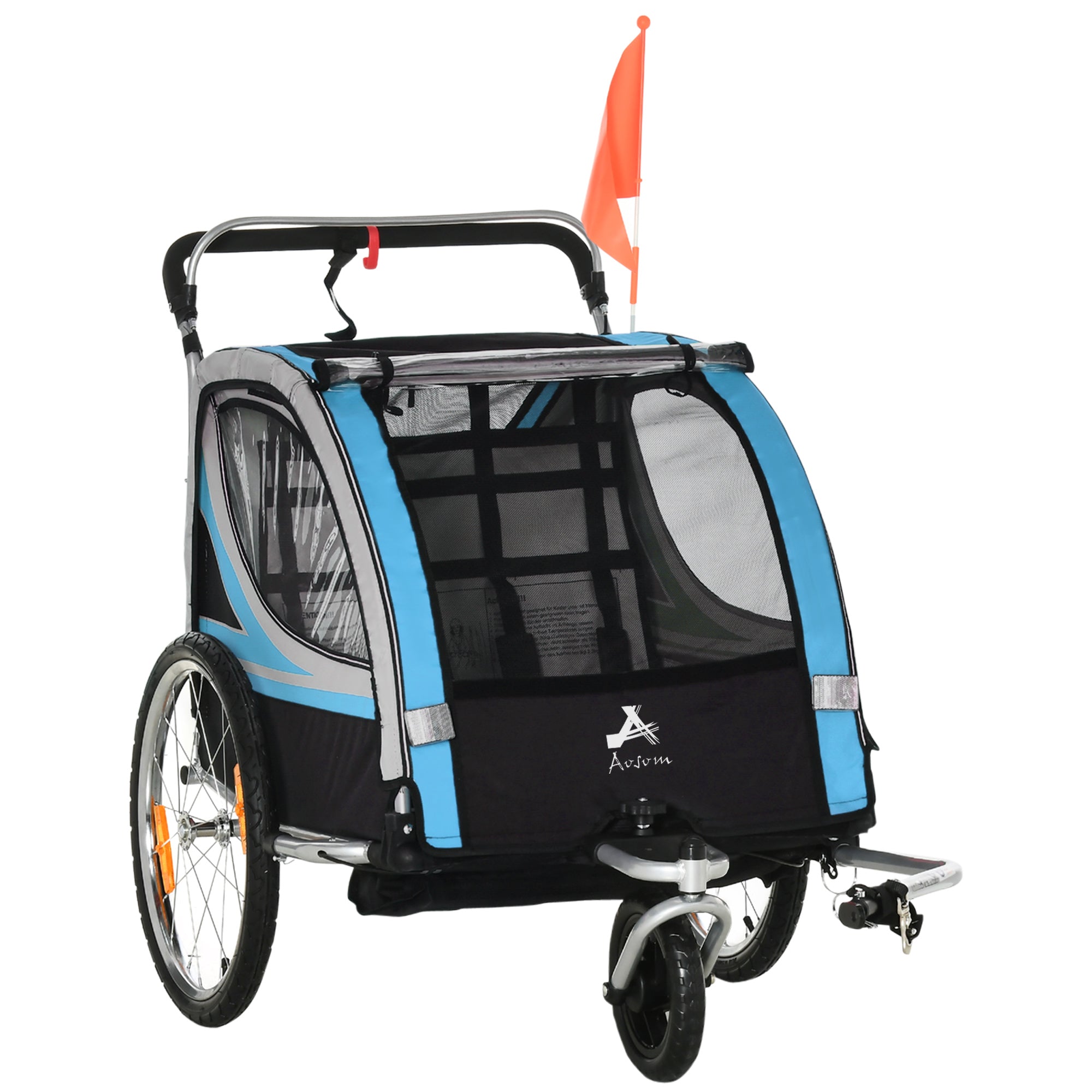 Aosom Versatile 2-in-1 Child Bike Trailer & Stroller with Hand Brake, Storage, Safety Flag, Blue