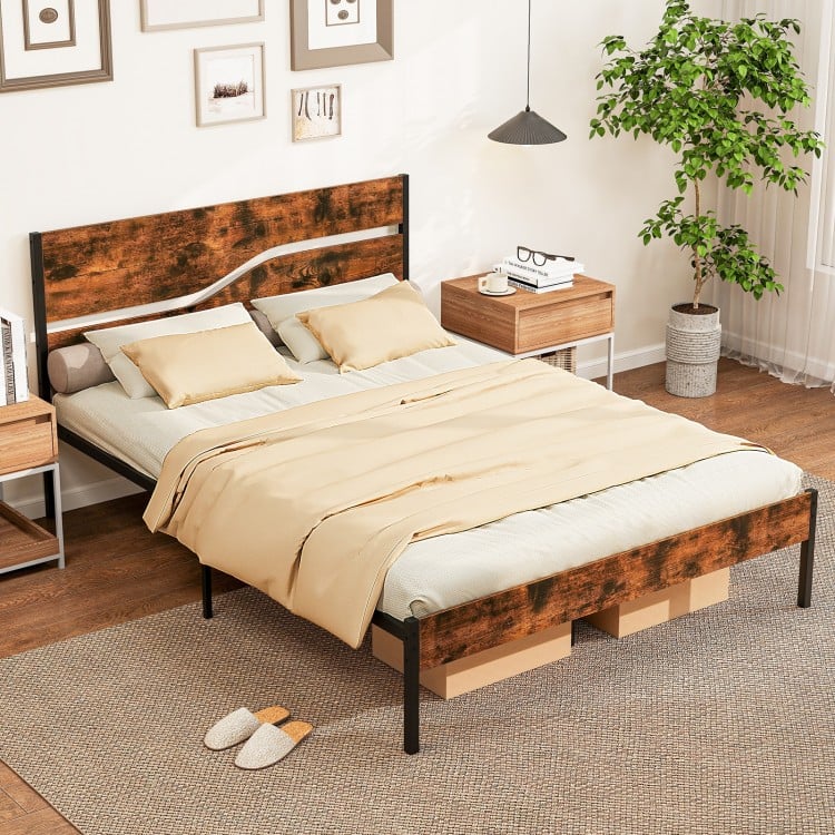 Twin/Full/Queen/King Metal Bed Frame with Wooden Headboard and Footboard-Queen Size