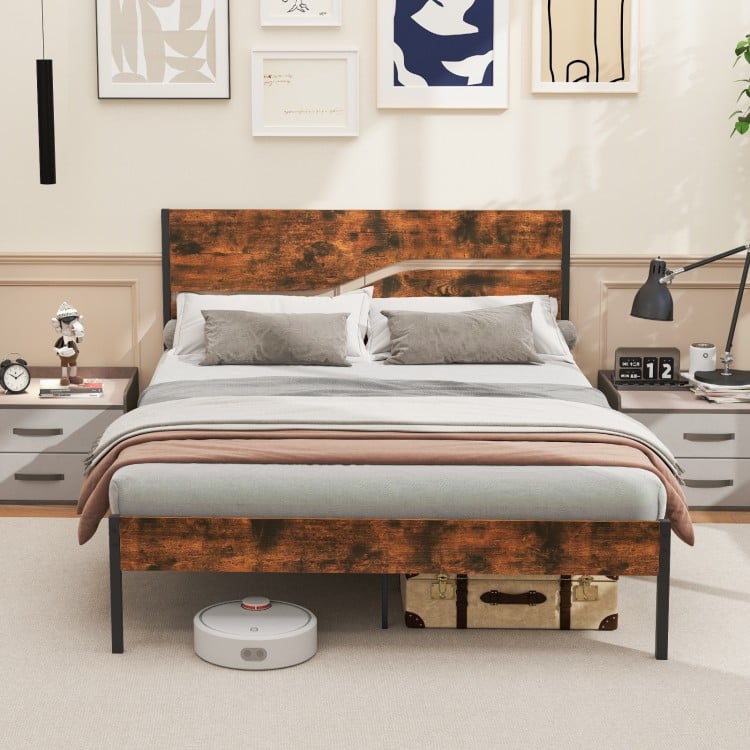 Twin/Full/Queen/King Metal Bed Frame with Wooden Headboard and Footboard-Queen Size