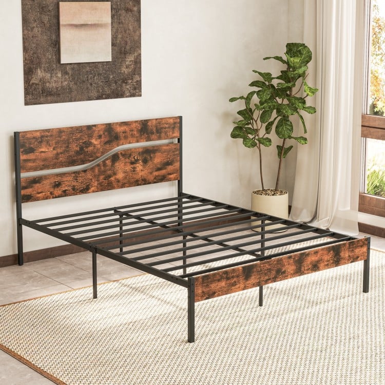 Twin/Full/Queen/King Metal Bed Frame with Wooden Headboard and Footboard-Queen Size
