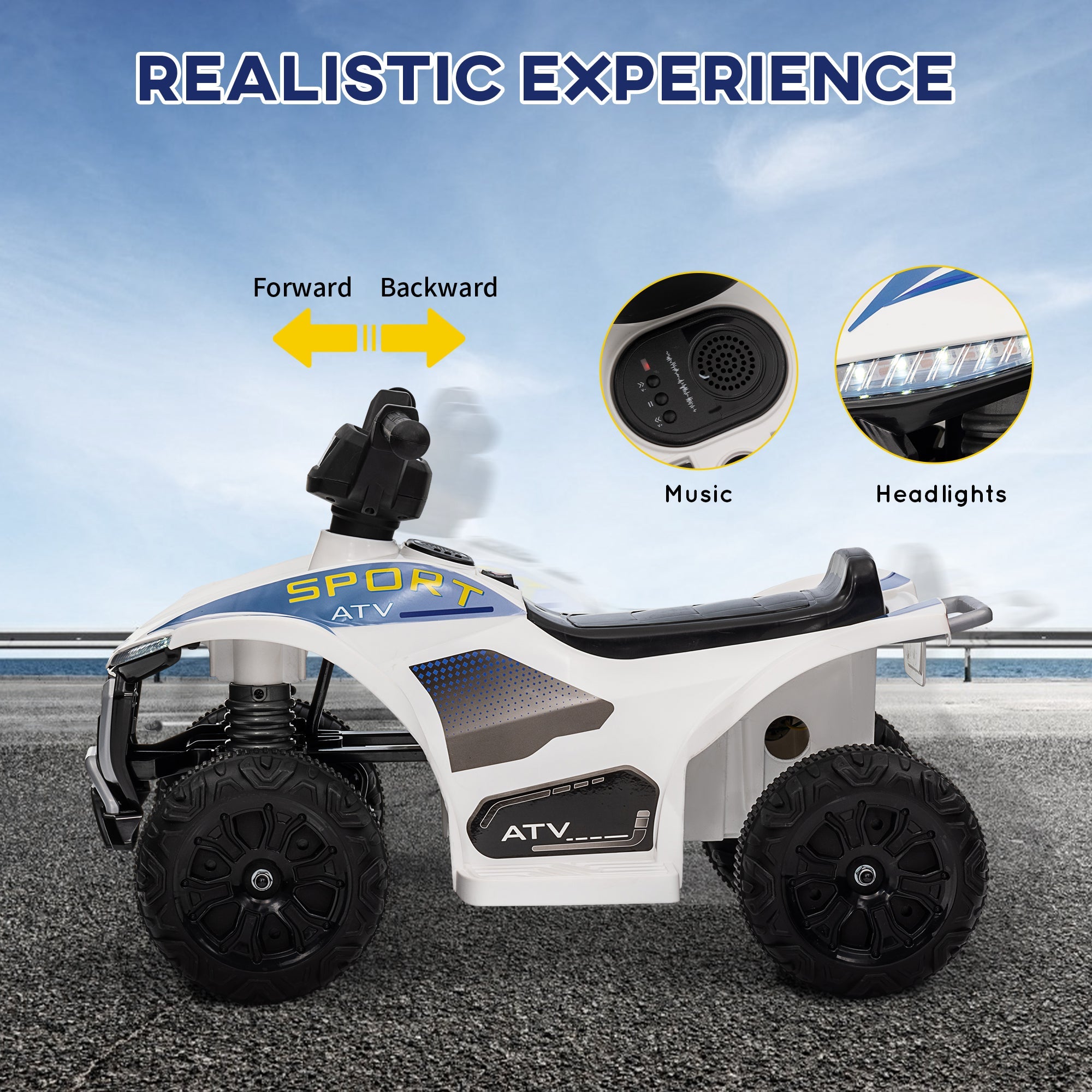 Qaba Kids ATV, 6V Battery Powered Electric Vehicle with Headlights, Forward/Reverse Switch for 18-36 Months, White