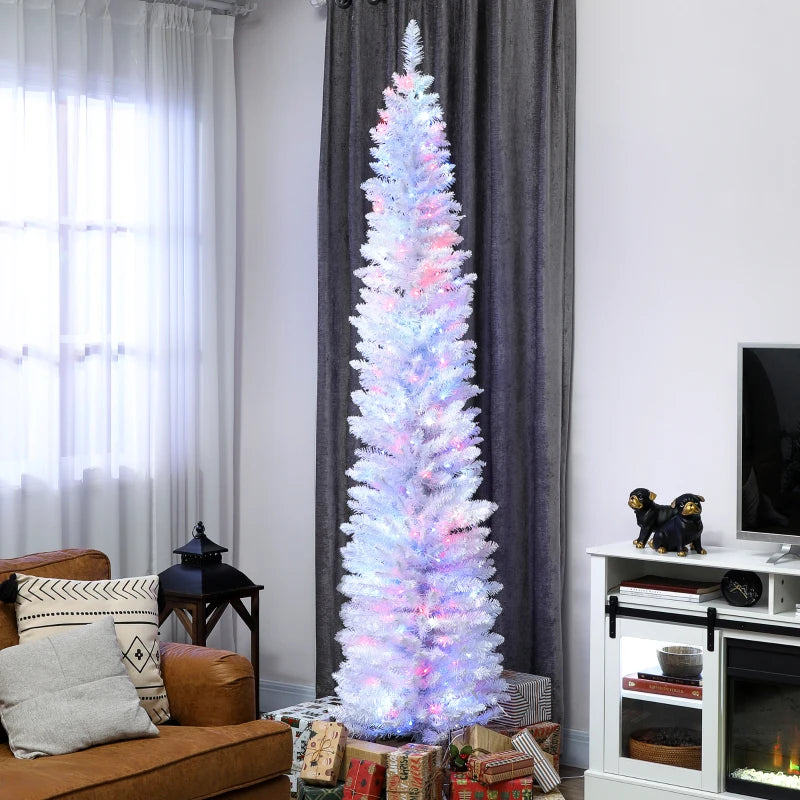 7.5ft Christmas Tree with Colourful DIY Synchronized LEDs, Hinged Pencil Xmas Tree with Remote, Daily Timer, White