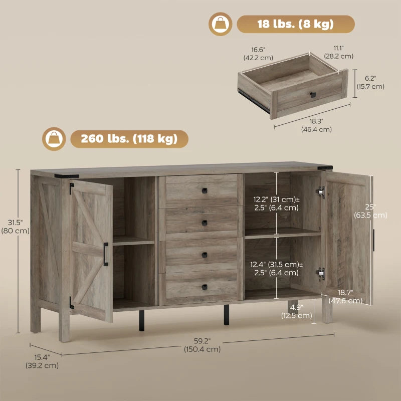 59" Buffet Cabinet, Farmhouse Sideboard with Thick Top, 2 Barn Doors, 4 Drawers and 2 Adjustable Shelves, Grey