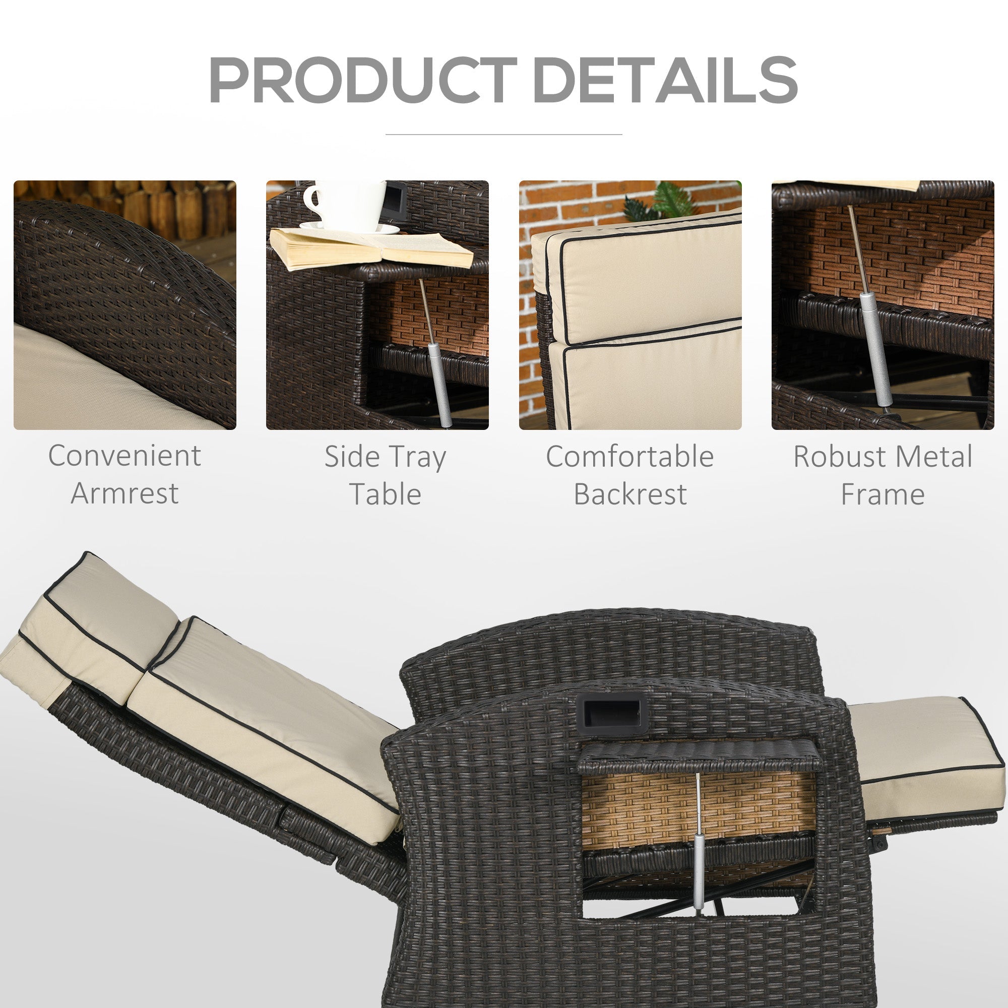Outsunny Outdoor Recliner Chair with Adjustable Backrest, Cushion, Side Tray, Khaki