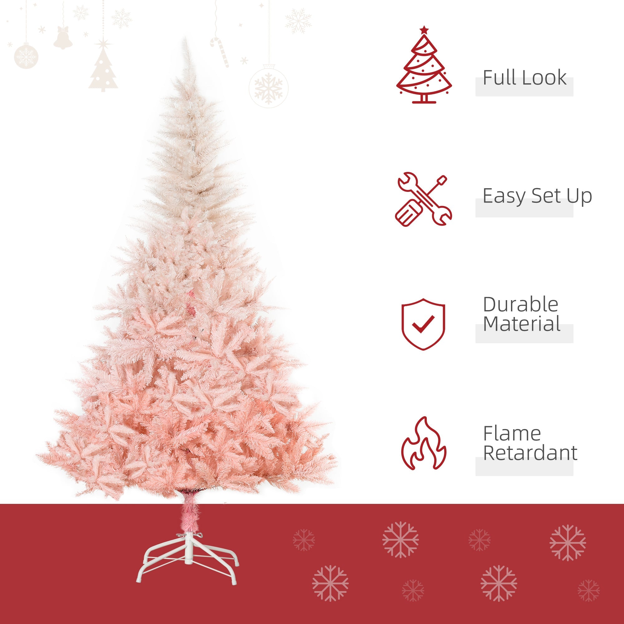 HOMCOM 6ft Elegant Artificial Christmas Tree, White and Pink with Metal Stand, Hassle-Free Automatic Open