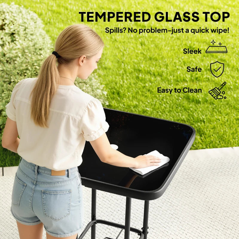 Outdoor Bar Table with Umbrella Hole, 41.3" Bar Height Patio Table with Glass Top and Metal Frame, Black