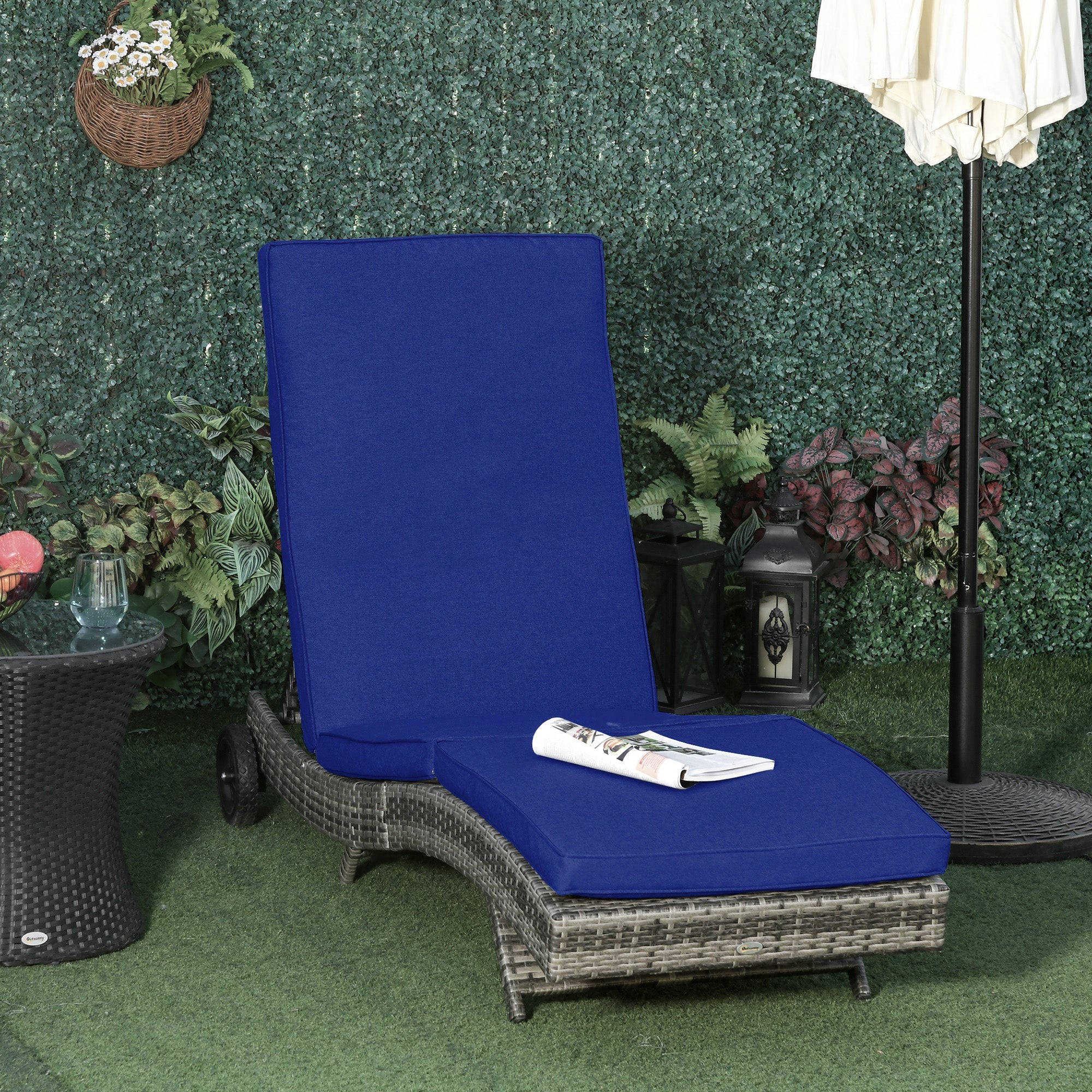 Outsunny Adjustable Wicker Chaise Lounge Chair Outdoor with Cushion Wheels for Patio Deck Poolside Dark Blue