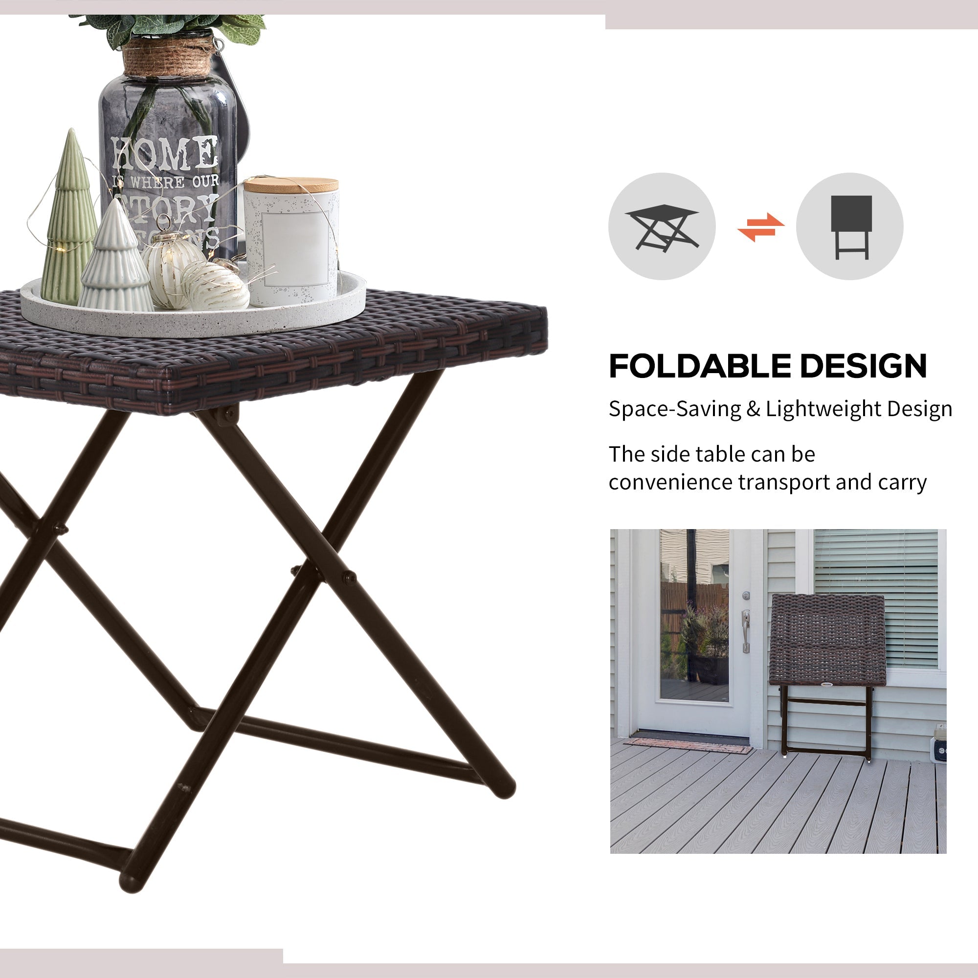 Outsunny Wicker Coffee Table Outdoor PE Rattan Patio Folding Side Table Garden 15.75"x15.75"x15.75" Brown