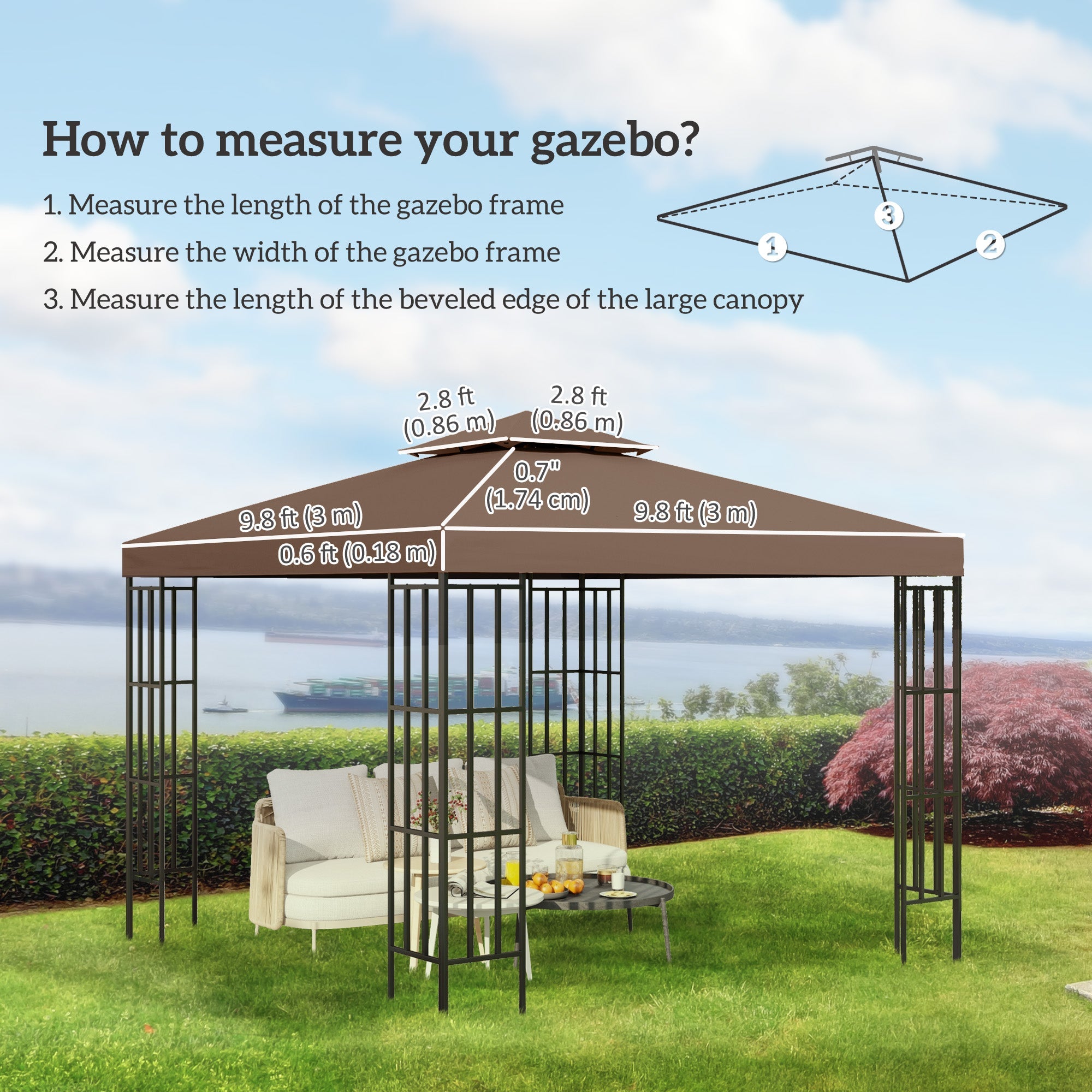 Outsunny 9.8' Square Coffee 2-Tier Gazebo Canopy Replacement - Durable Outdoor Garden Sun Shade Top Cover