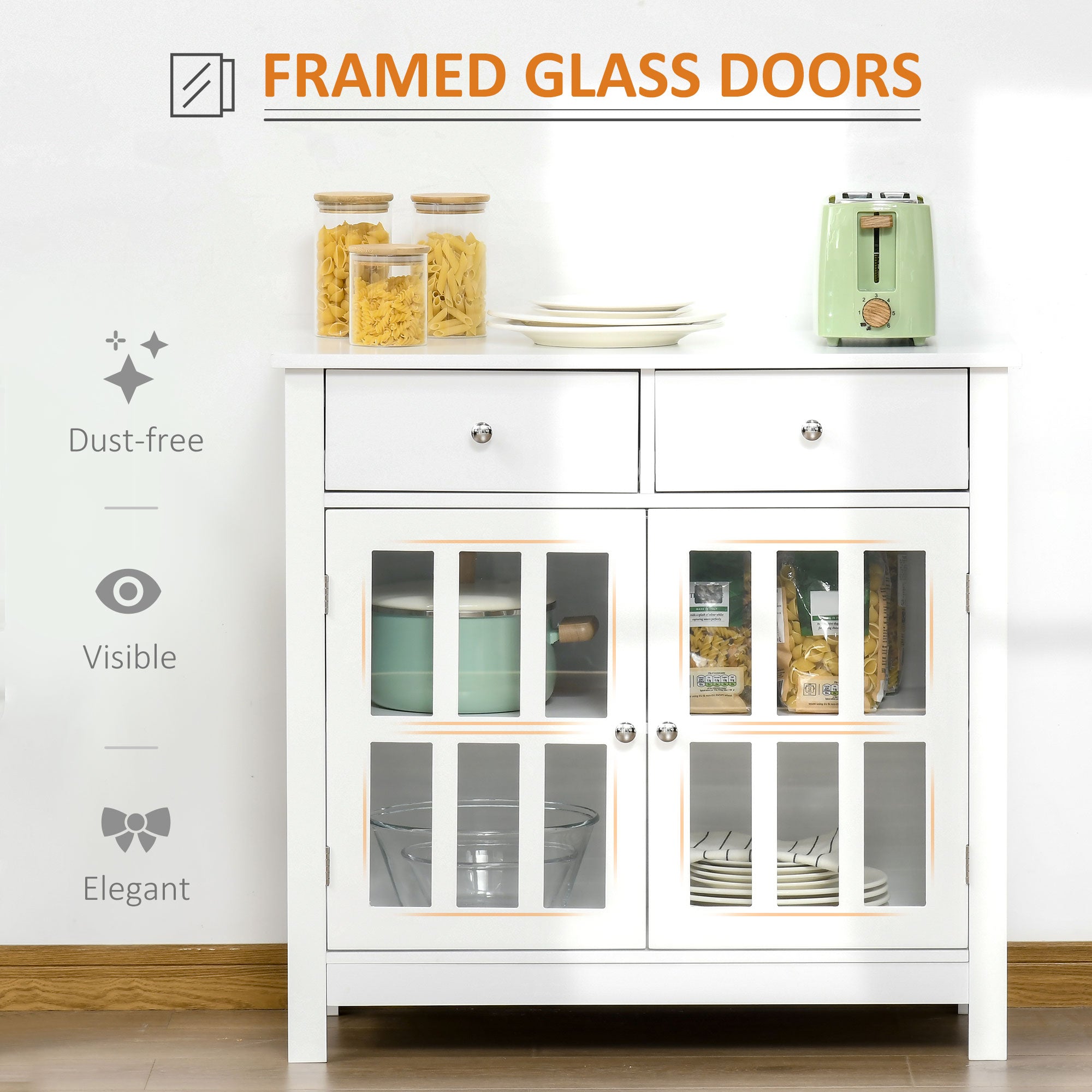 HOMCOM White Glass Door Bar Cabinet: Sideboard Buffet Kitchen Storage Cupboard Console Table with Drawers for Bar